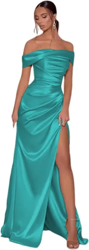 Off The Shoulder Bridesmaid Dresses with Split Satin Pleated Mermaid Long Bridesmaid Dress TM30