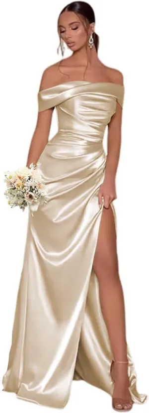 Off The Shoulder Bridesmaid Dresses with Split Satin Pleated Mermaid Long Bridesmaid Dress TM30