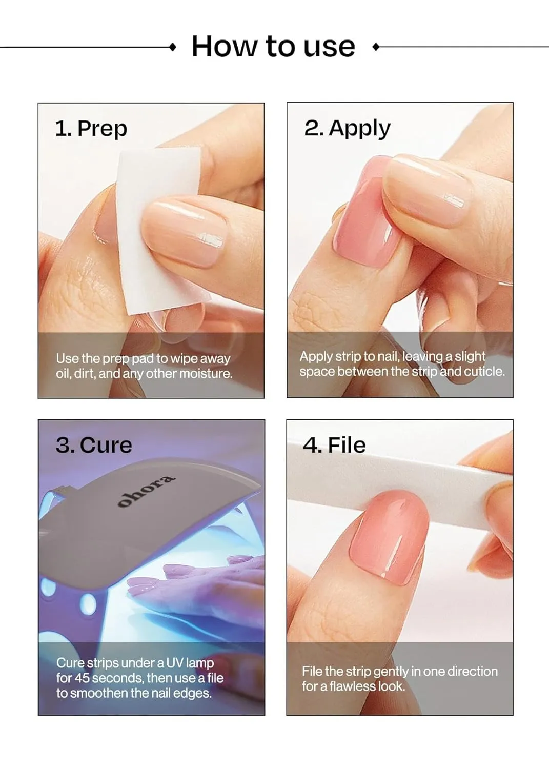 ohora Semi Cured Gel Nail Strips (N Sweet Blush) - Pink, Pattern, Works with Any UV/LED Lamps, Salon-Quality, Long Lasting, Easy to Apply & Remove - Includes 2 Prep Pads, Nail File & Wooden Stick