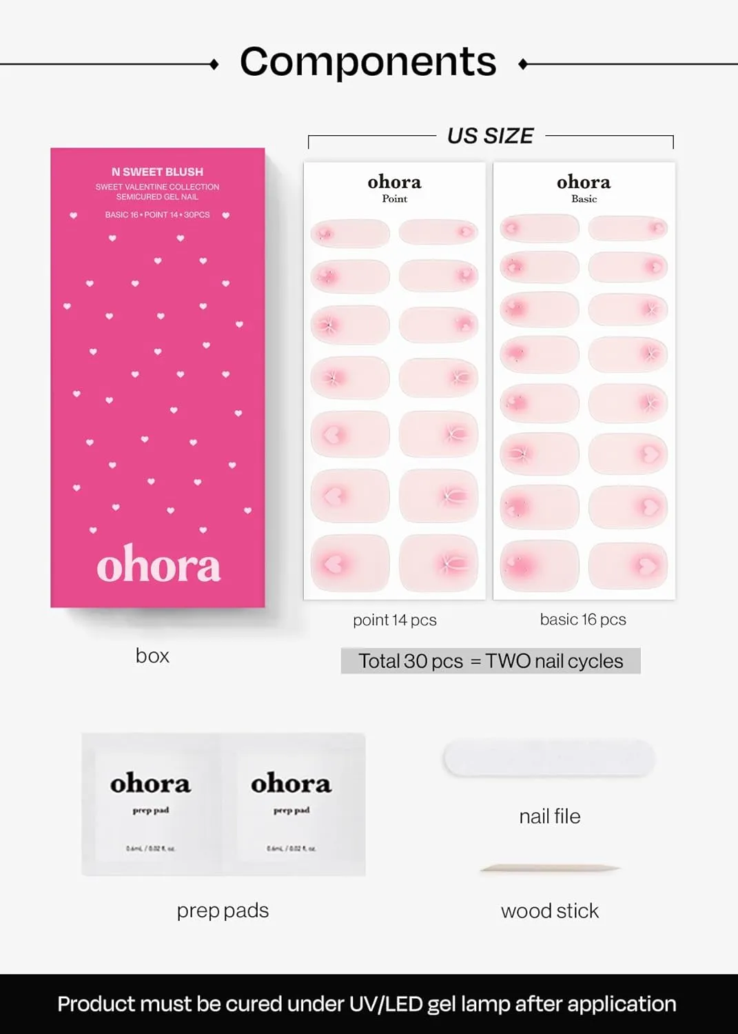 ohora Semi Cured Gel Nail Strips (N Sweet Blush) - Pink, Pattern, Works with Any UV/LED Lamps, Salon-Quality, Long Lasting, Easy to Apply & Remove - Includes 2 Prep Pads, Nail File & Wooden Stick