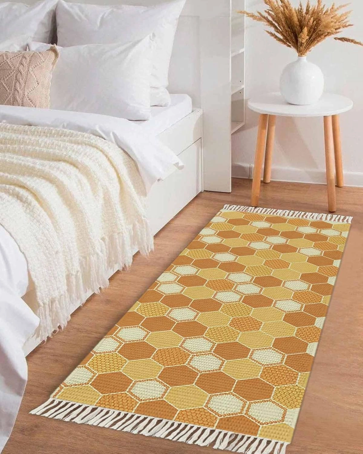 Orange Yellow Kitchen Hallway Runner Rug 2X5 Ft Carpet, Washable Woven Throw Carpet with Tassel, Farmhouse Abstract Geometric Hexagon Art Non-Shedding Entryway Laundry Rugs