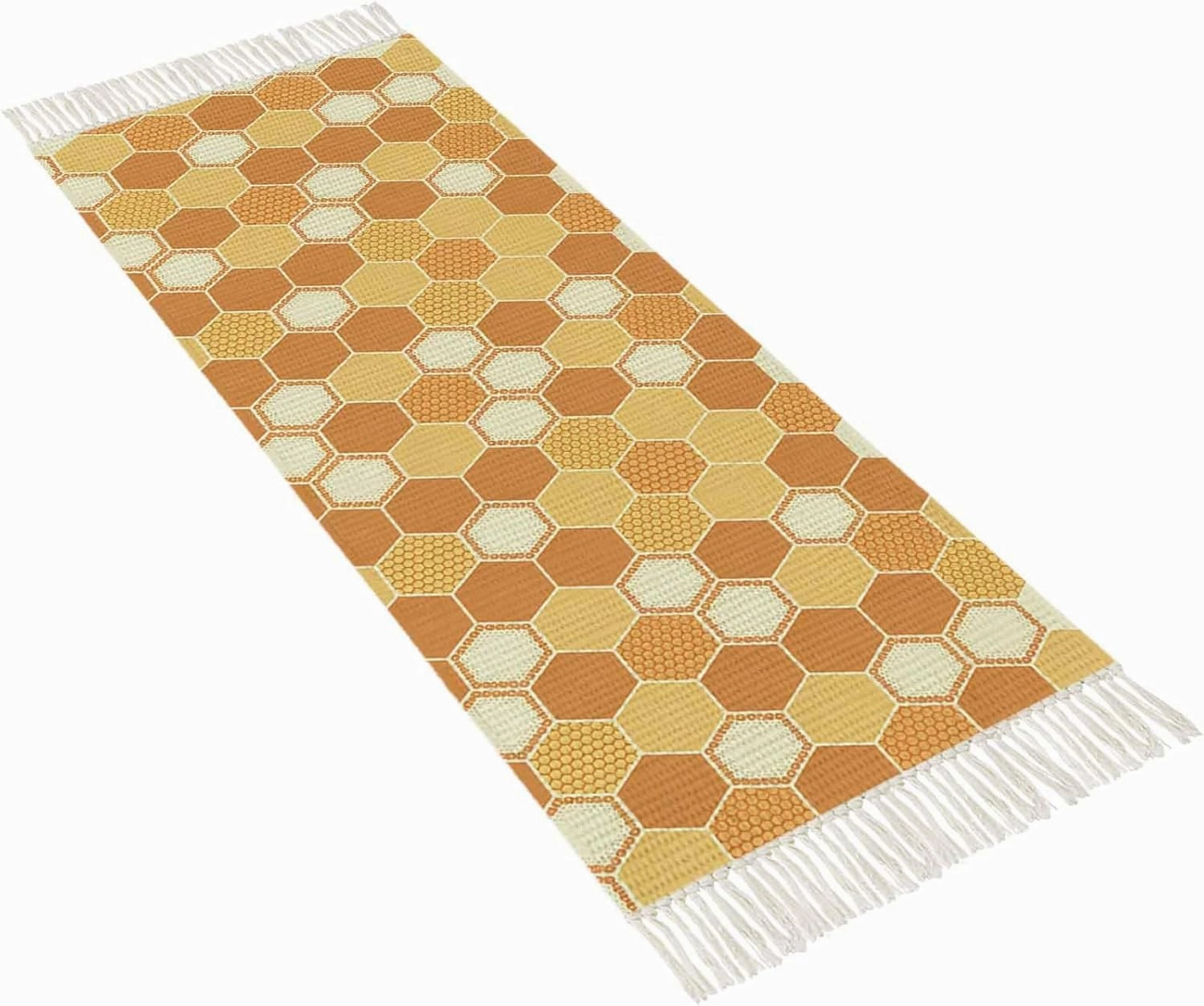 Orange Yellow Kitchen Hallway Runner Rug 2X5 Ft Carpet, Washable Woven Throw Carpet with Tassel, Farmhouse Abstract Geometric Hexagon Art Non-Shedding Entryway Laundry Rugs