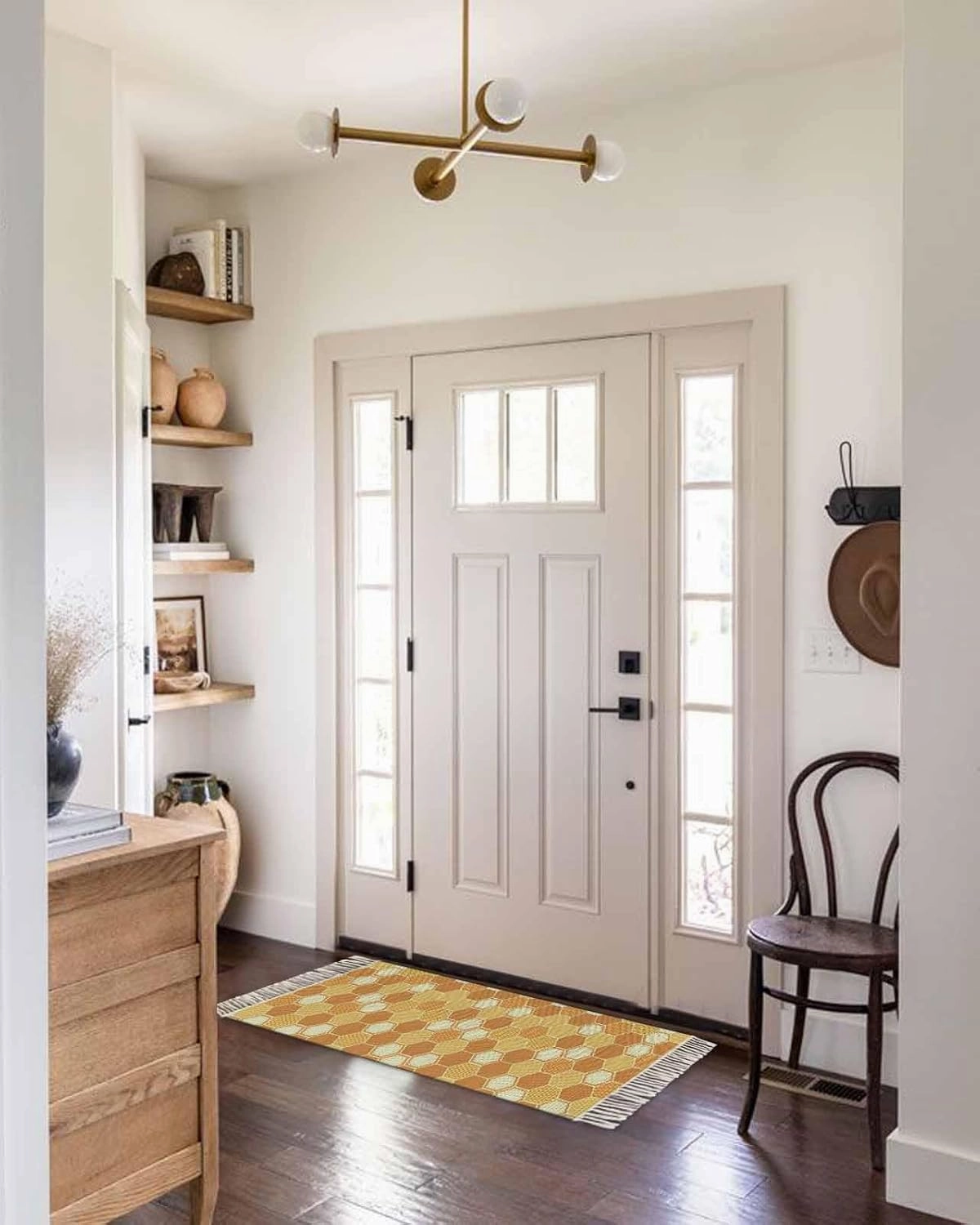 Orange Yellow Kitchen Hallway Runner Rug 2X5 Ft Carpet, Washable Woven Throw Carpet with Tassel, Farmhouse Abstract Geometric Hexagon Art Non-Shedding Entryway Laundry Rugs