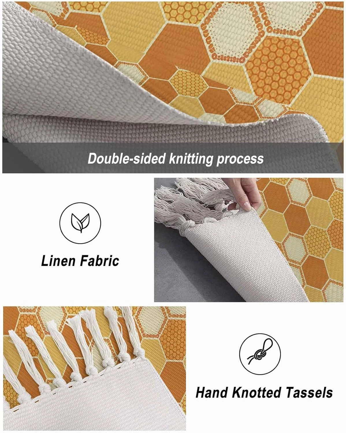 Orange Yellow Kitchen Hallway Runner Rug 2X5 Ft Carpet, Washable Woven Throw Carpet with Tassel, Farmhouse Abstract Geometric Hexagon Art Non-Shedding Entryway Laundry Rugs