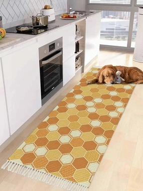 Orange Yellow Kitchen Hallway Runner Rug 2X5 Ft Carpet, Washable Woven Throw Carpet with Tassel, Farmhouse Abstract Geometric Hexagon Art Non-Shedding Entryway Laundry Rugs