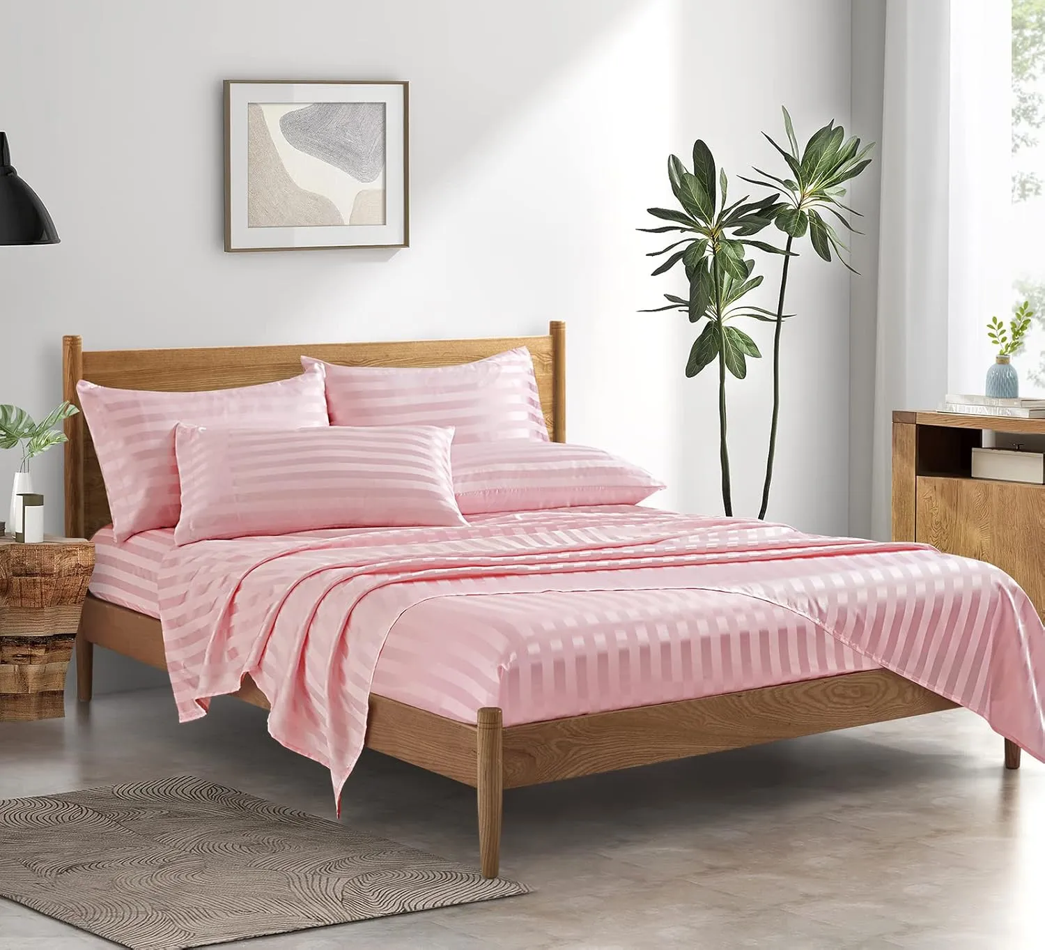 P Pothuiny 6 Pieces Satin Sheets Striped Printed, Blush Pink Satin Bed Sheets Luxury Silky Full Size Bedding Set, 1 Satin Fitted Sheet   1 Flat Sheet   4 Pillow Cases