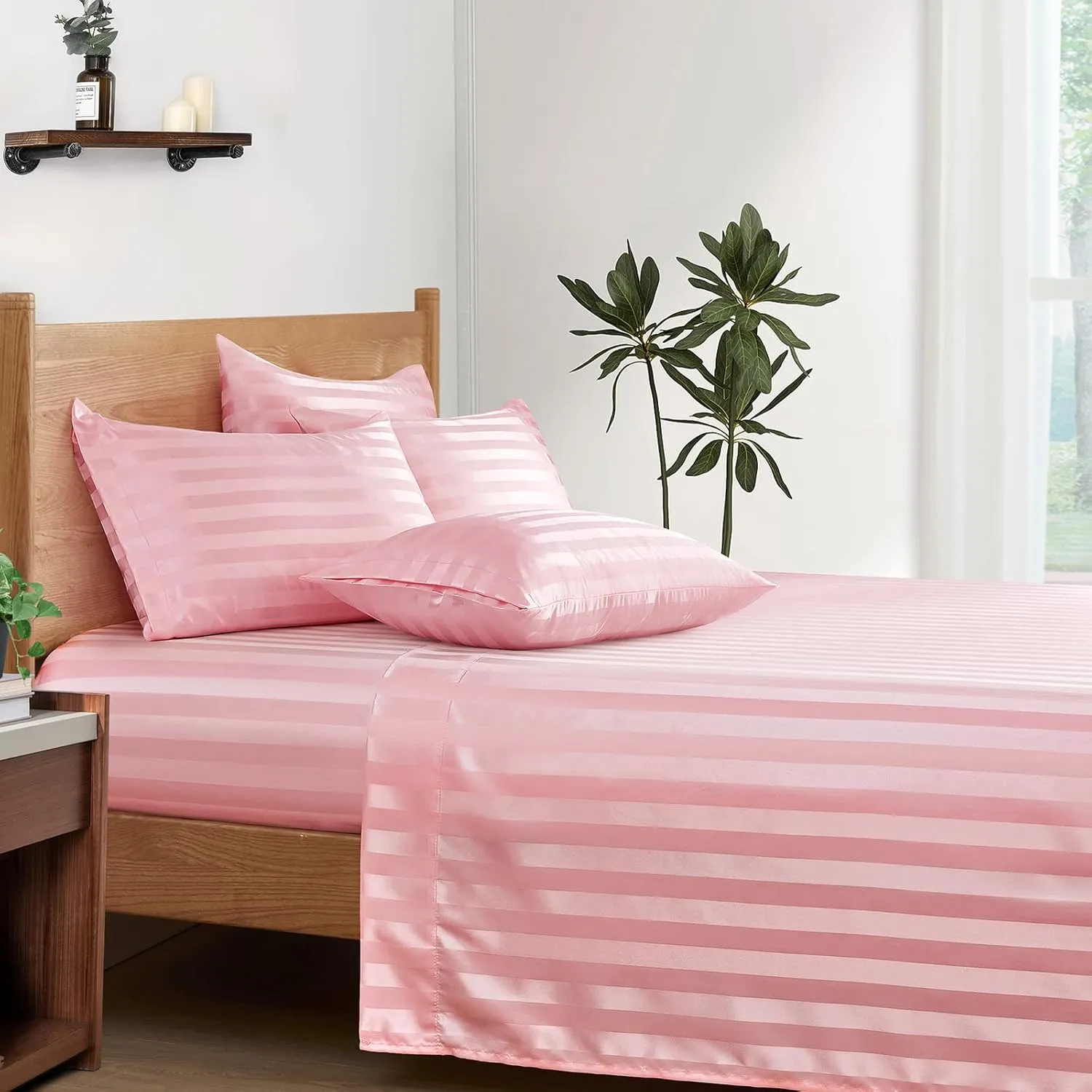 P Pothuiny 6 Pieces Satin Sheets Striped Printed, Blush Pink Satin Bed Sheets Luxury Silky Full Size Bedding Set, 1 Satin Fitted Sheet   1 Flat Sheet   4 Pillow Cases
