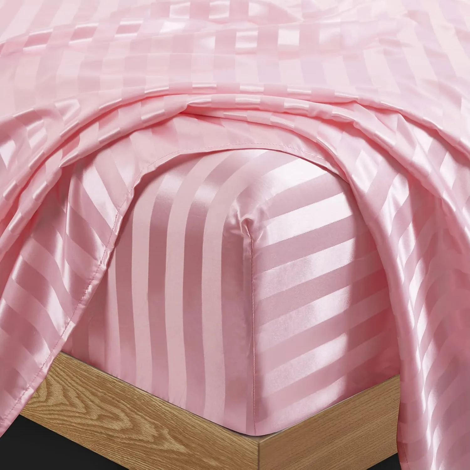 P Pothuiny 6 Pieces Satin Sheets Striped Printed, Blush Pink Satin Bed Sheets Luxury Silky Full Size Bedding Set, 1 Satin Fitted Sheet   1 Flat Sheet   4 Pillow Cases