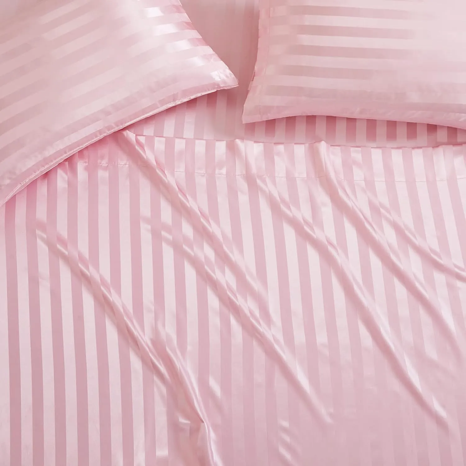 P Pothuiny 6 Pieces Satin Sheets Striped Printed, Blush Pink Satin Bed Sheets Luxury Silky Full Size Bedding Set, 1 Satin Fitted Sheet   1 Flat Sheet   4 Pillow Cases