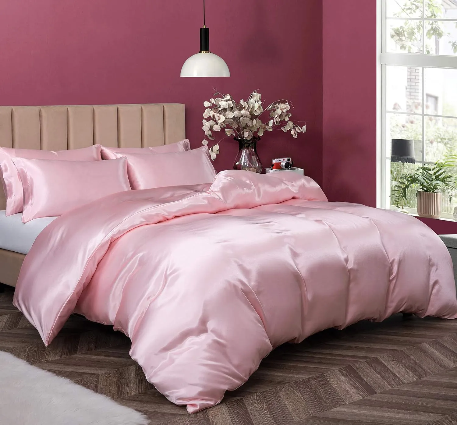 P Pothuiny Satin Duvet Cover Twin, Single Soft Duvet Cover Only, Luxury Silky Like Blush Pink Duvet Cover 68" x 90" Sold Separately - Zipper Closure & Corner Ties
