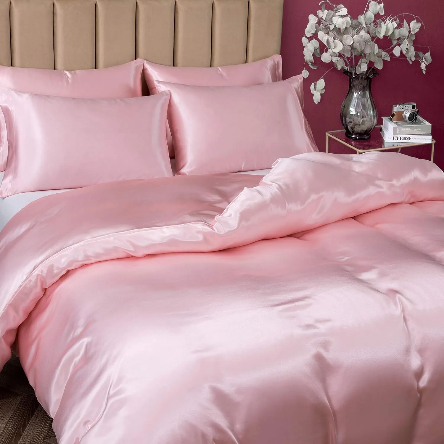 P Pothuiny Satin Duvet Cover Twin, Single Soft Duvet Cover Only, Luxury Silky Like Blush Pink Duvet Cover 68" x 90" Sold Separately - Zipper Closure & Corner Ties