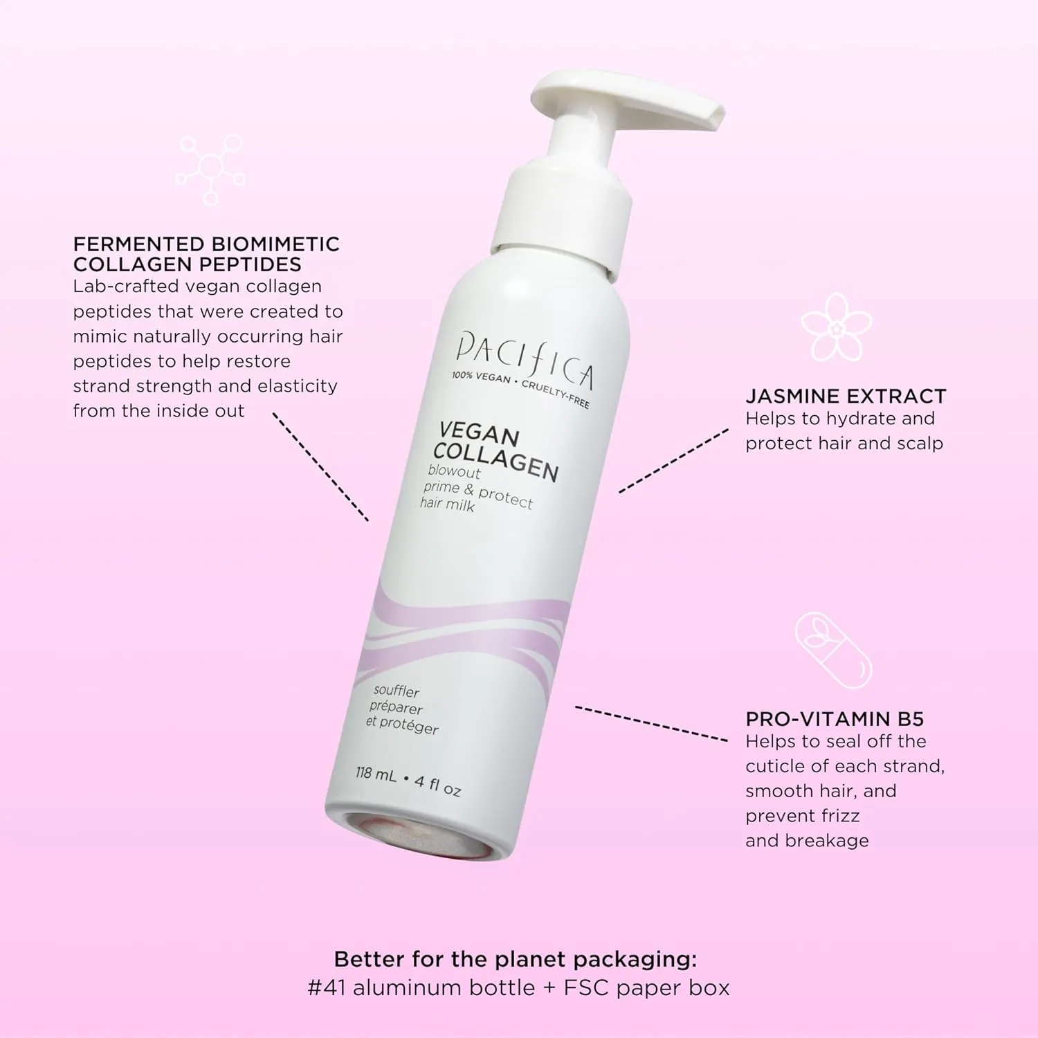 Pacifica Heat Protection Spray for Hair - Vegan Collagen Blowout Prime & Thermal Protection Hair Milk - Blow Dry Spray - for Curly, Wavy & Straight Hair - Vegan & Cruelty-Free Dermatologist Tested