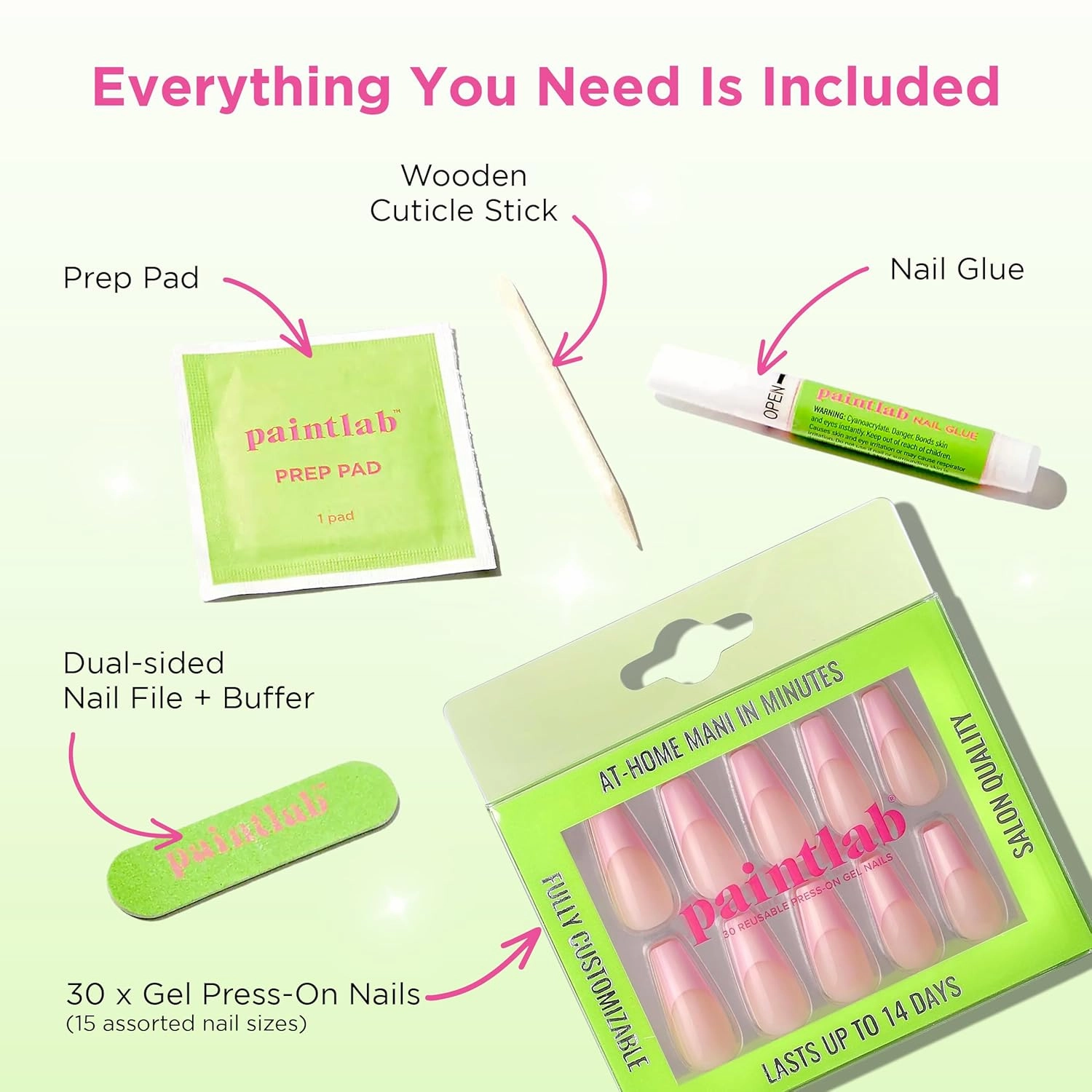PaintLab Press-On Nails Manicure Kit, Blush Pink - Coffin, 30-Piece Set, Long-Lasting Fake Nails with Glue, File, Prep Pad & Cuticle Stick