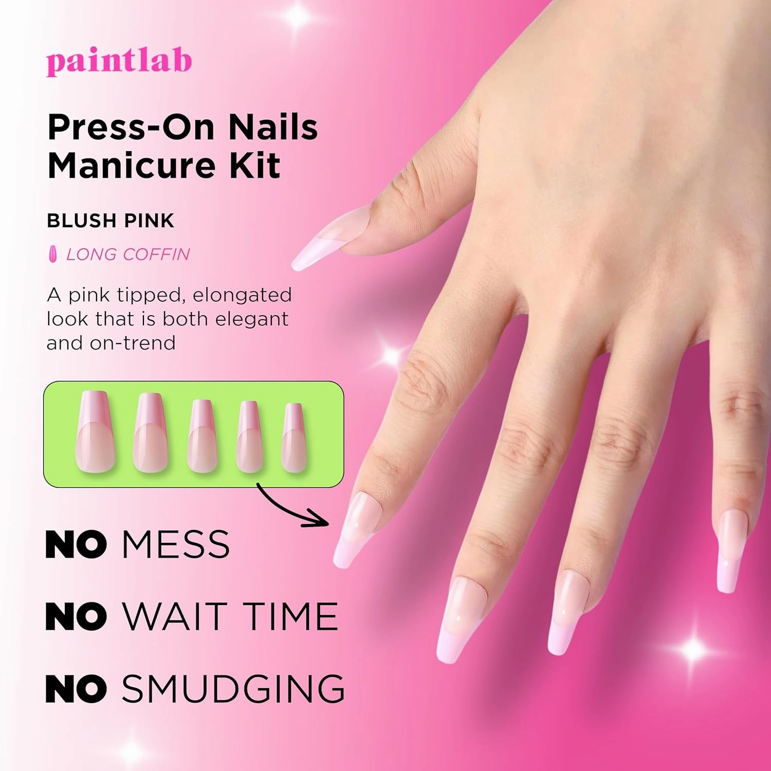 PaintLab Press-On Nails Manicure Kit, Blush Pink - Coffin, 30-Piece Set, Long-Lasting Fake Nails with Glue, File, Prep Pad & Cuticle Stick