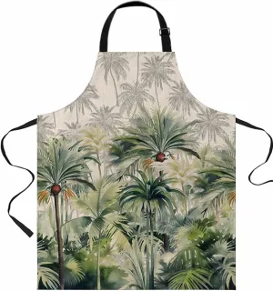 Palm Tree Waterproof Apron With Pockets,Green Grey Tropical Coconut Leaves Plant Summer Kitchen Chefs Bib Cooking BBQ Grill Bake Adjustable Aprons for Women Home Garden Grooming Painting Gardening