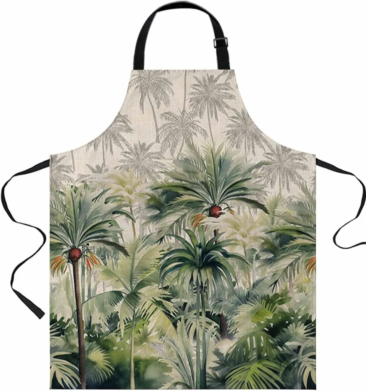 Palm Tree Waterproof Apron With Pockets,Green Grey Tropical Coconut Leaves Plant Summer Kitchen Chefs Bib Cooking BBQ Grill Bake Adjustable Aprons for Women Home Garden Grooming Painting Gardening
