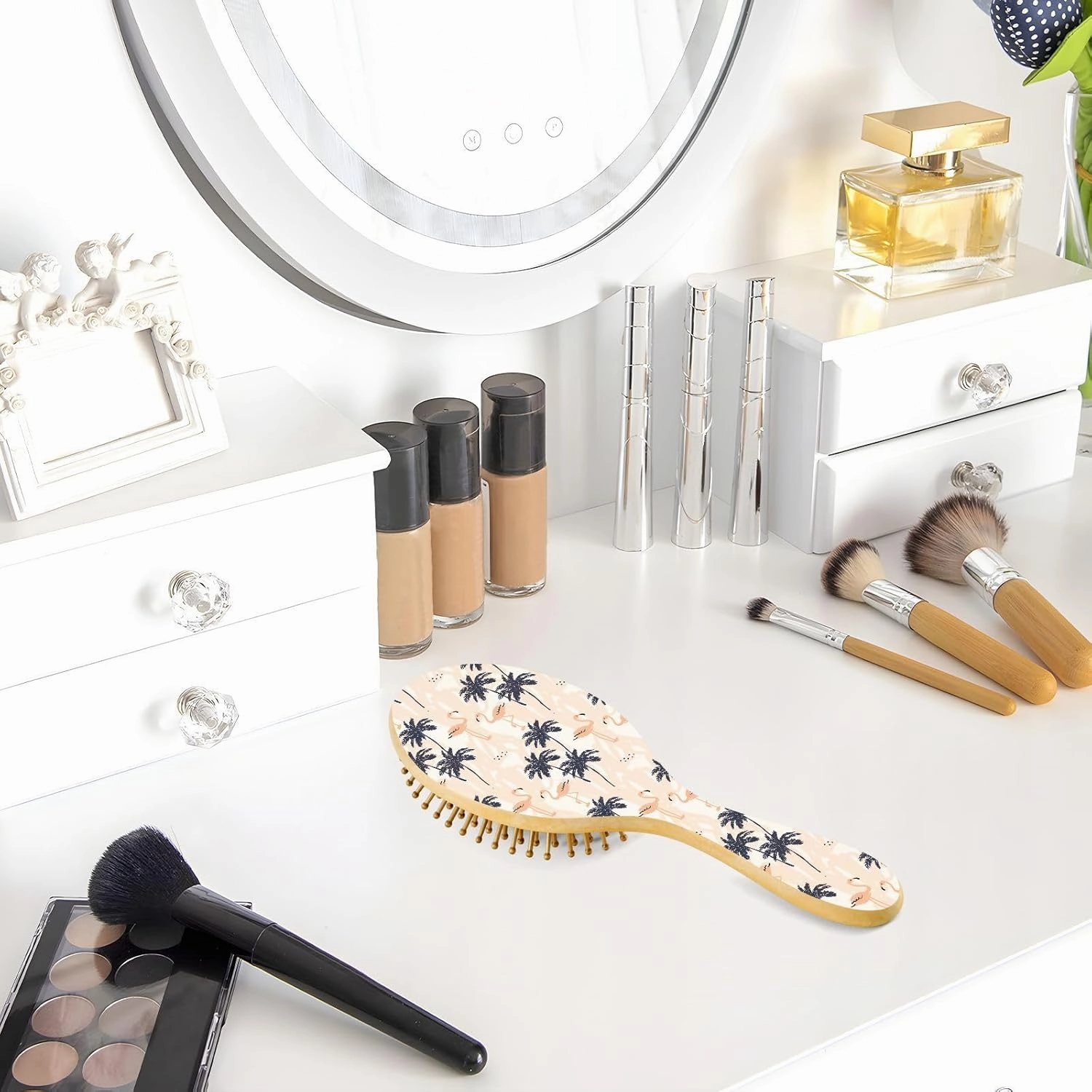 Palm Trees Silhouette Blush Pink Flamingo Wooden Wet Hair Brushes with Rubber Cushion, Ergonomic Massage Bristles for All Hair Types