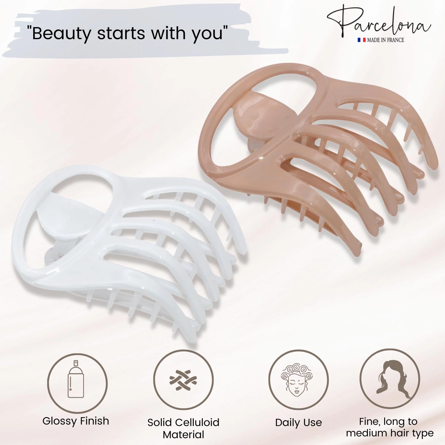 Parcelona French Curvy Oval Paw Medium 3” Cellulose Acetate Set of 2 Side Slide In Jaw Hair Claw Clip Clutcher for Women and Girls (Blush Pink and White)