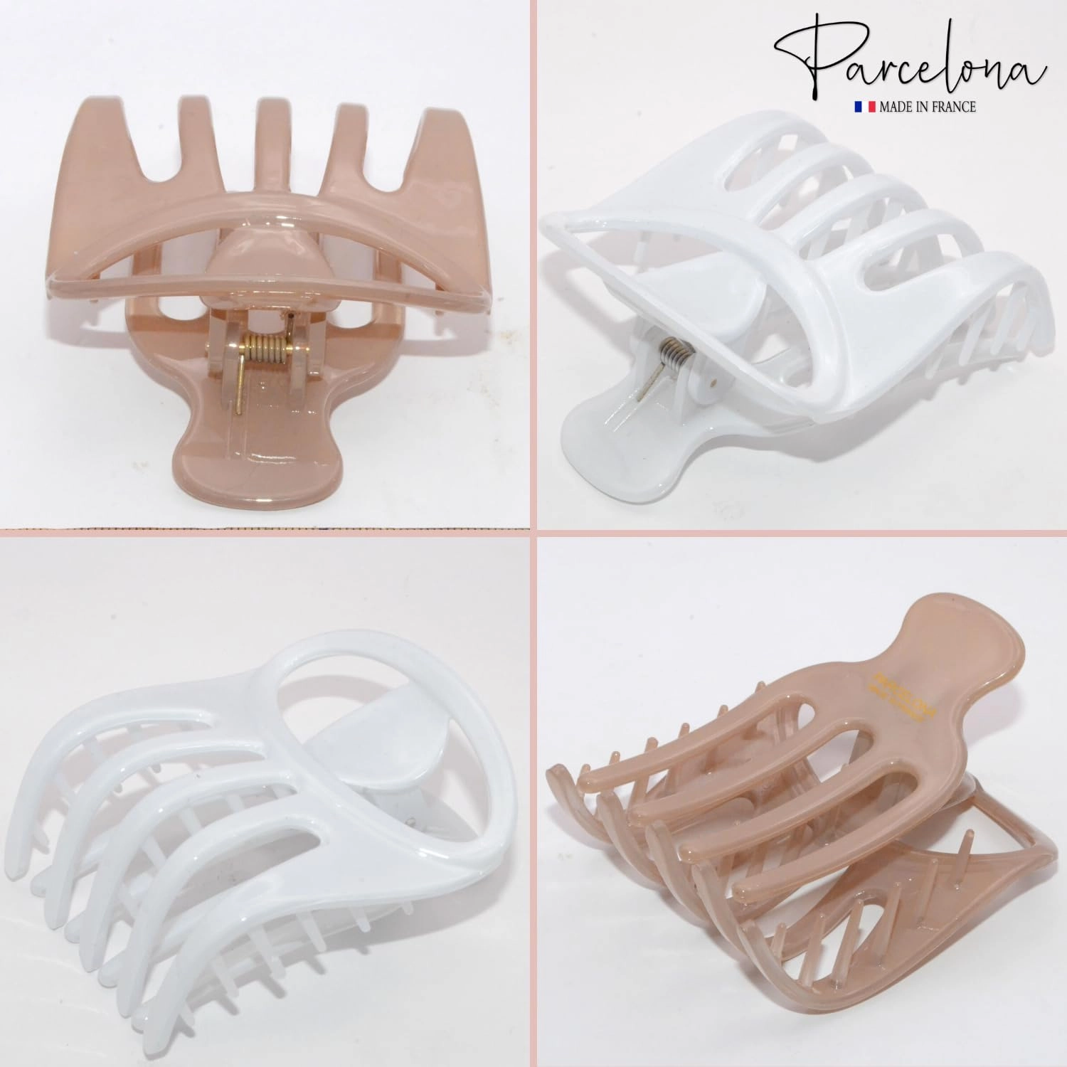 Parcelona French Curvy Oval Paw Medium 3” Cellulose Acetate Set of 2 Side Slide In Jaw Hair Claw Clip Clutcher for Women and Girls (Blush Pink and White)
