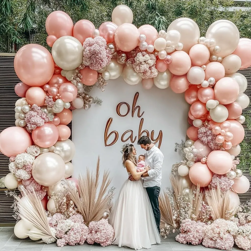 Pearl Pink White Sand Balloon Arch Double Stuffed Pastel Pink White Cream Balloon Garland Kit Dusty Blush Beige Balloons for Baby in Bloom Baby Shower Birthday Bridal Baptism Wedding Party Decor