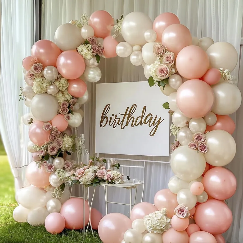 Pearl Pink White Sand Balloon Arch Double Stuffed Pastel Pink White Cream Balloon Garland Kit Dusty Blush Beige Balloons for Baby in Bloom Baby Shower Birthday Bridal Baptism Wedding Party Decor