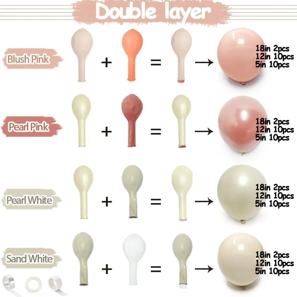 Pearl Pink White Sand Balloon Arch Double Stuffed Pastel Pink White Cream Balloon Garland Kit Dusty Blush Beige Balloons for Baby in Bloom Baby Shower Birthday Bridal Baptism Wedding Party Decor