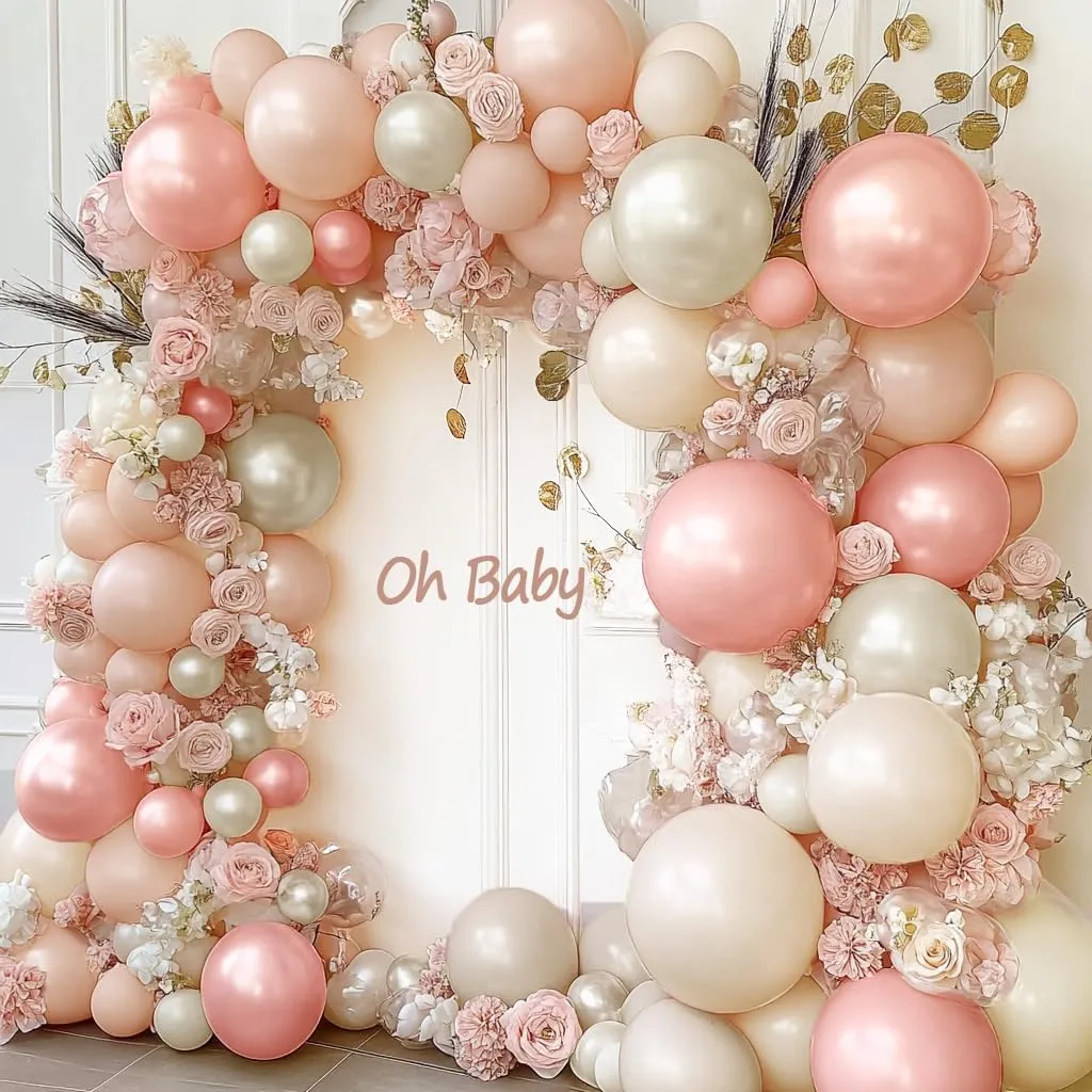 Pearl Pink White Sand Balloon Arch Double Stuffed Pastel Pink White Cream Balloon Garland Kit Dusty Blush Beige Balloons for Baby in Bloom Baby Shower Birthday Bridal Baptism Wedding Party Decor