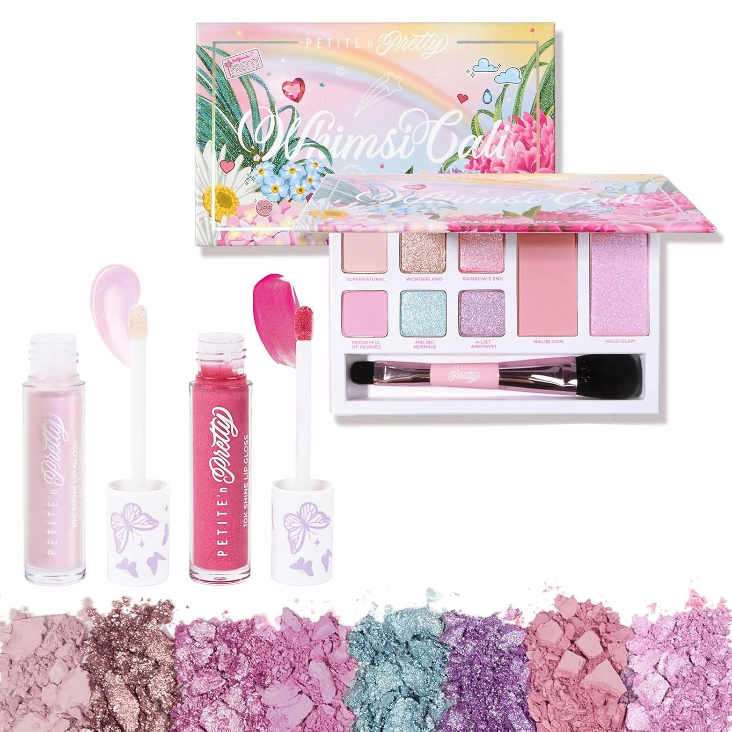 Petite ’N Pretty WhimsiCali Eyeshadow & Cheek Makeup Palette & So Dreamy 10K Shine Lip Gloss Duo (First Freeze & Rosy Dreams) for Kids, Tweens and Teens