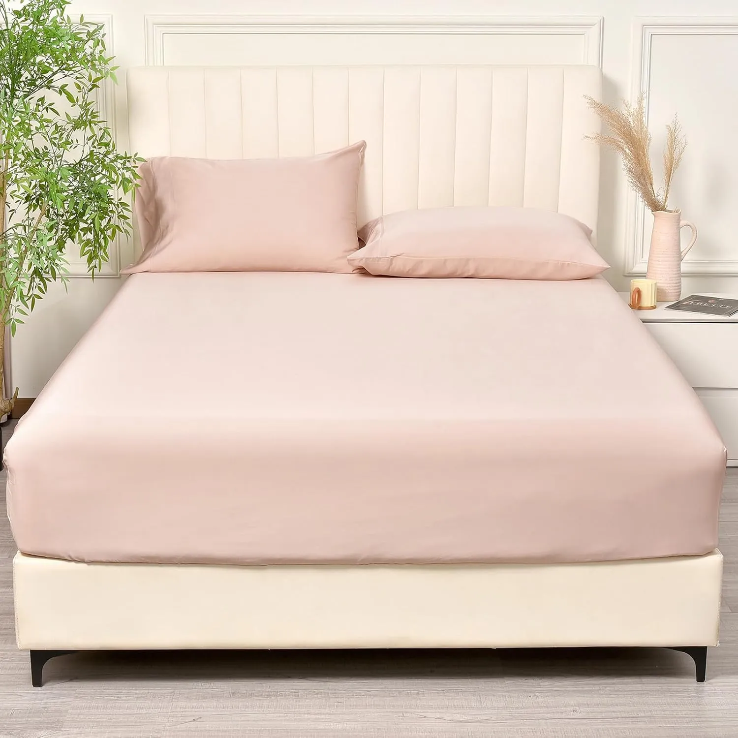 PHF 100% Rayon Derived from Bamboo Cooling Fitted Sheet Twin for Hot Sleeper,16" Deep Pocket, 2.5cm Wider Strong Elastic Easy Fit, Breathable Silky Smooth Soft,39"x 75",Peach Blush,No Pillowcases