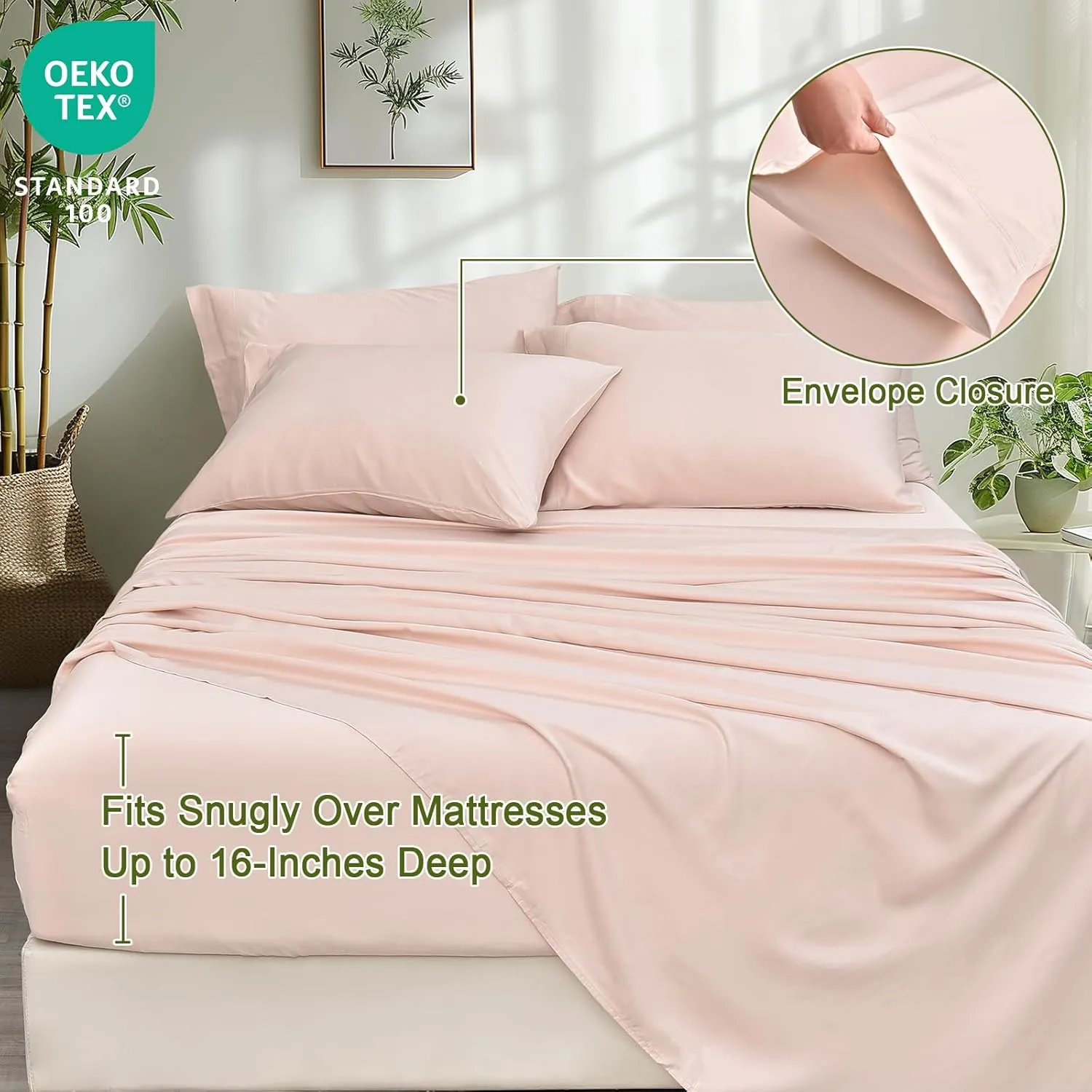PHF 6PCS 100% Rayon Derived from Bamboo_ Sheets Set Queen Size, Cooling Sheets for Hot Sleepers, Wider Elastic Band & 16" Deep Pocket,Luxury Silky Soft Breathable Bedding Set & Pillowcase, Peach Blush