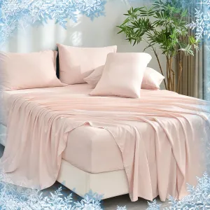 PHF 6PCS 100% Rayon Derived from Bamboo_ Sheets Set Queen Size, Cooling Sheets for Hot Sleepers, Wider Elastic Band & 16" Deep Pocket,Luxury Silky Soft Breathable Bedding Set & Pillowcase, Peach Blush
