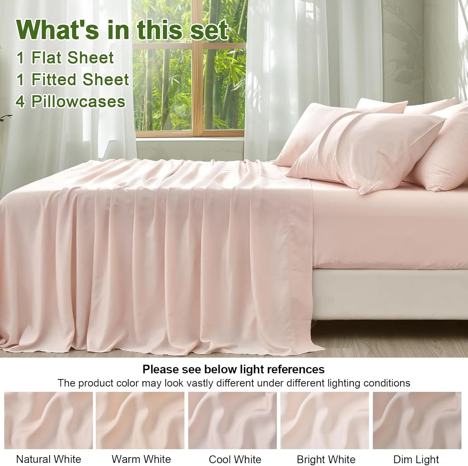 PHF 6PCS 100% Rayon Derived from Bamboo_ Sheets Set Queen Size, Cooling Sheets for Hot Sleepers, Wider Elastic Band & 16" Deep Pocket,Luxury Silky Soft Breathable Bedding Set & Pillowcase, Peach Blush