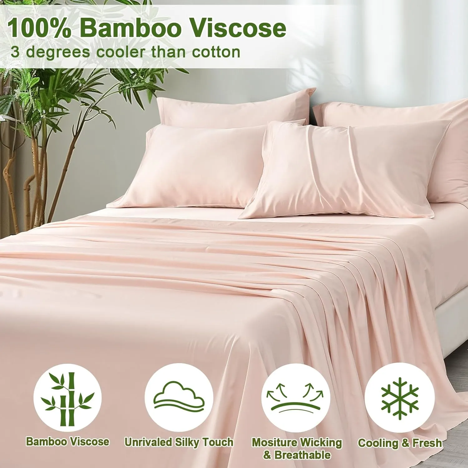 PHF 6PCS 100% Rayon Derived from Bamboo_ Sheets Set Queen Size, Cooling Sheets for Hot Sleepers, Wider Elastic Band & 16" Deep Pocket,Luxury Silky Soft Breathable Bedding Set & Pillowcase, Peach Blush
