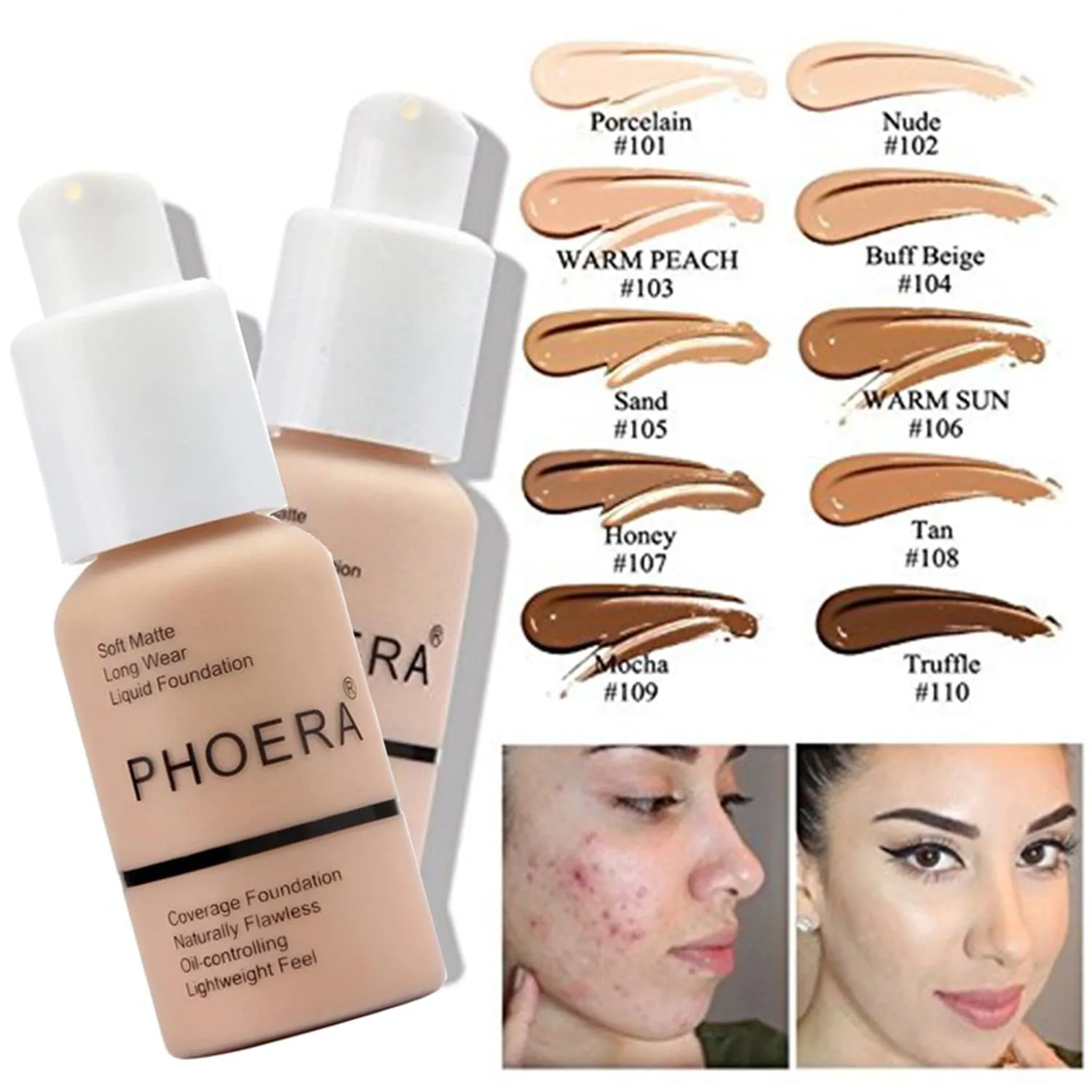 PHOERA Foundation & Concealer - Full Coverage, 24 Hour Fresh Wear with Matte Finish, Includes Primer & Powder (111 Chestnut)