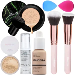 PHOERA Foundation Full Coverage Makeup, Mushroom Head Air Cushion CC Cream Natural Foundation, PHOERA Primer, PHOERA Powder, Brushes Foundation Brush,2 Makeup Sponge (101 Porcelain   02Natural CC)