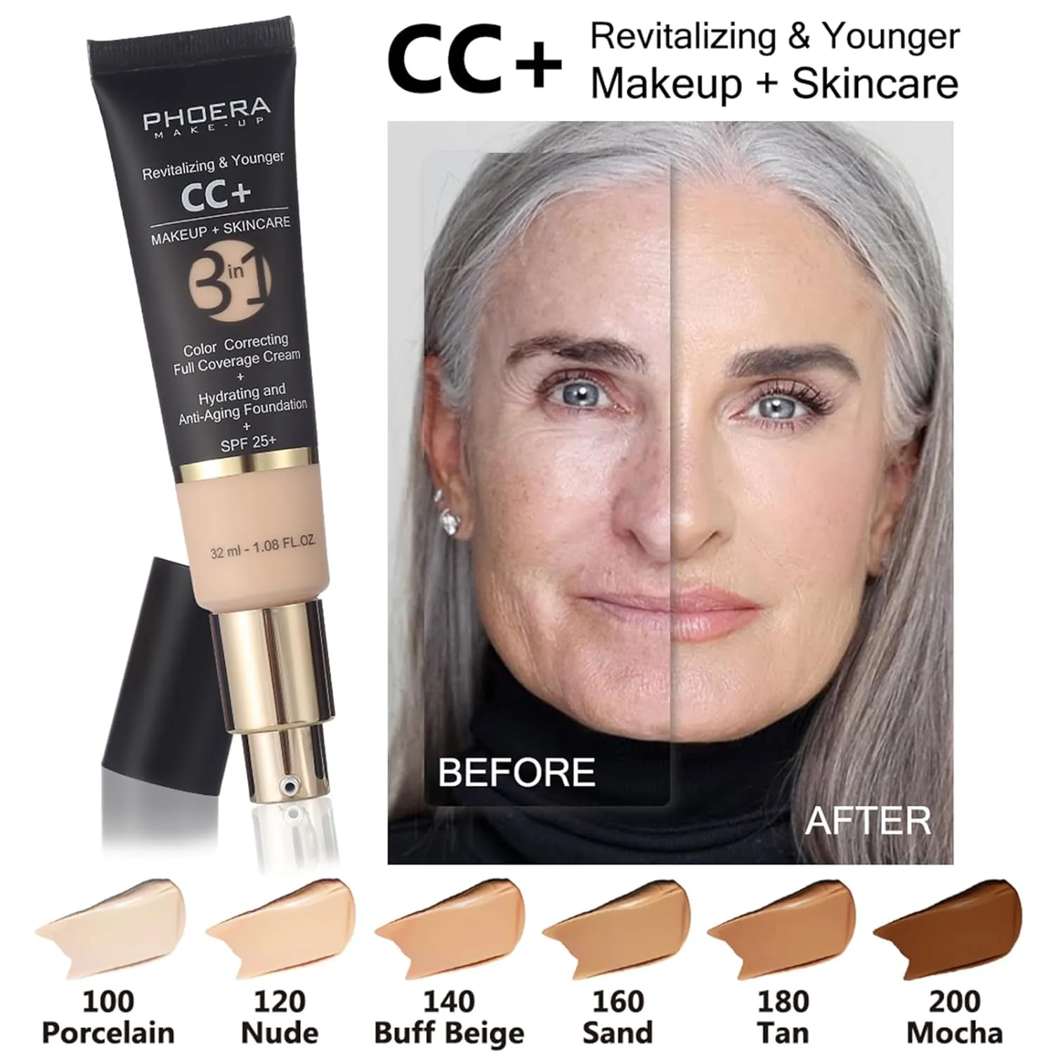 PHOERA Foundation Full Coverage,PHOERA CC  Cream,2024 New PHOERA Foundation Makeup for Mature Skin, Wrinkles Matte Natural Finish,Primer (108 180CC N05/ Tan  Tan Tan)