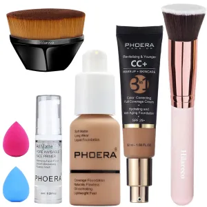 PHOERA Foundation, PHOERA CC  Cream Color Correcting Anti Aging Hydrating Serum &SPF 25 , PHOERA Primer, PHOERA Makeup Set, Kabuki Makeup Brushes Foundation Brush Powder (105 Sand  160 Sand CC Cream)