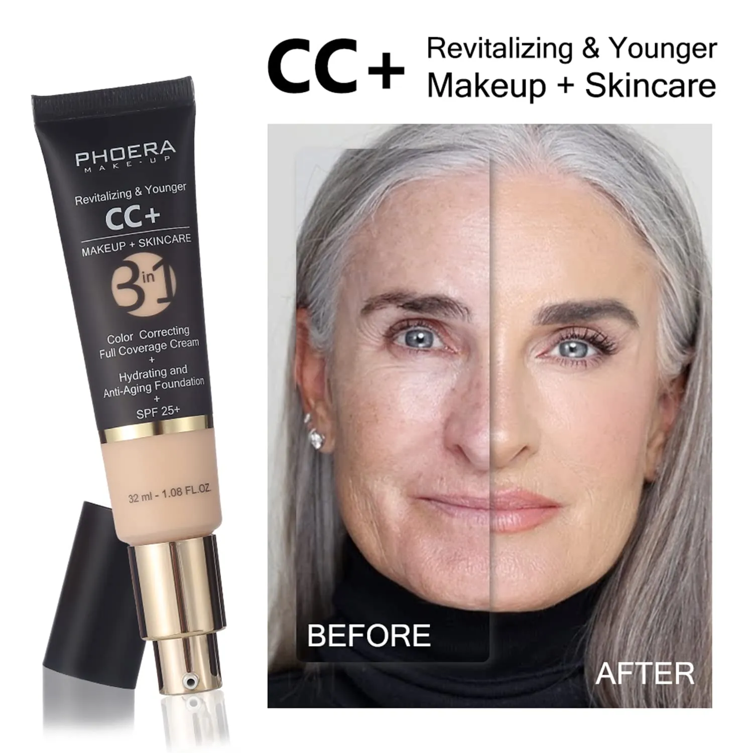 PHOERA Foundation, PHOERA CC  Cream Color Correcting Anti Aging Hydrating Serum &SPF 25 , PHOERA Primer, PHOERA Makeup Set, Kabuki Makeup Brushes Foundation Brush Powder (105 Sand  160 Sand CC Cream)