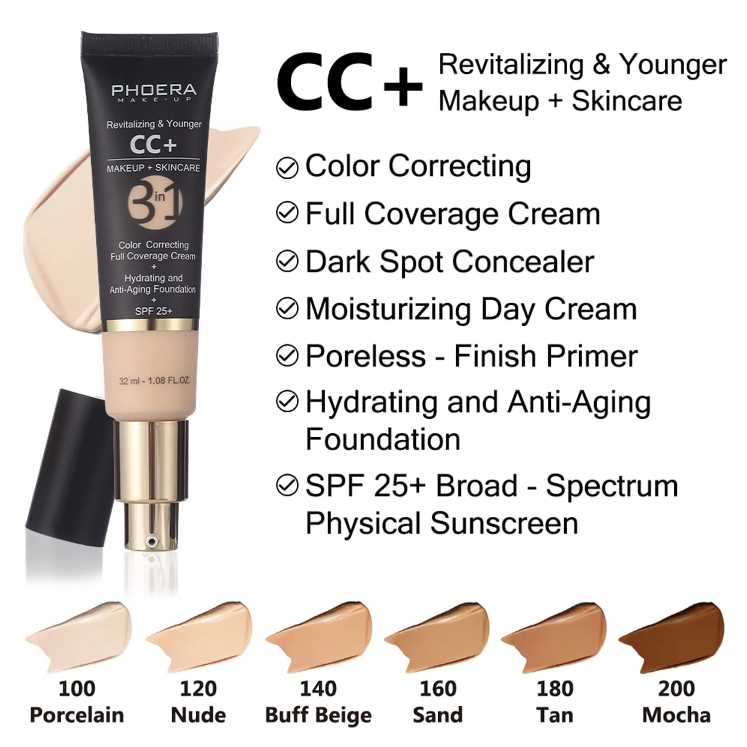 PHOERA Foundation, PHOERA CC  Cream Color Correcting Anti Aging Hydrating Serum &SPF 25 , PHOERA Primer, PHOERA Makeup Set, Kabuki Makeup Brushes Foundation Brush Powder (105 Sand  160 Sand CC Cream)
