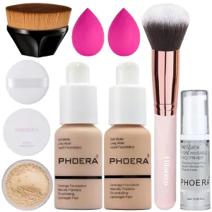 PHOERA Foundation, Primer, Powder, Makeup Set - Kabuki Brushes, 2 Pcs Sponge (102 Nude   104 Buff Beige)