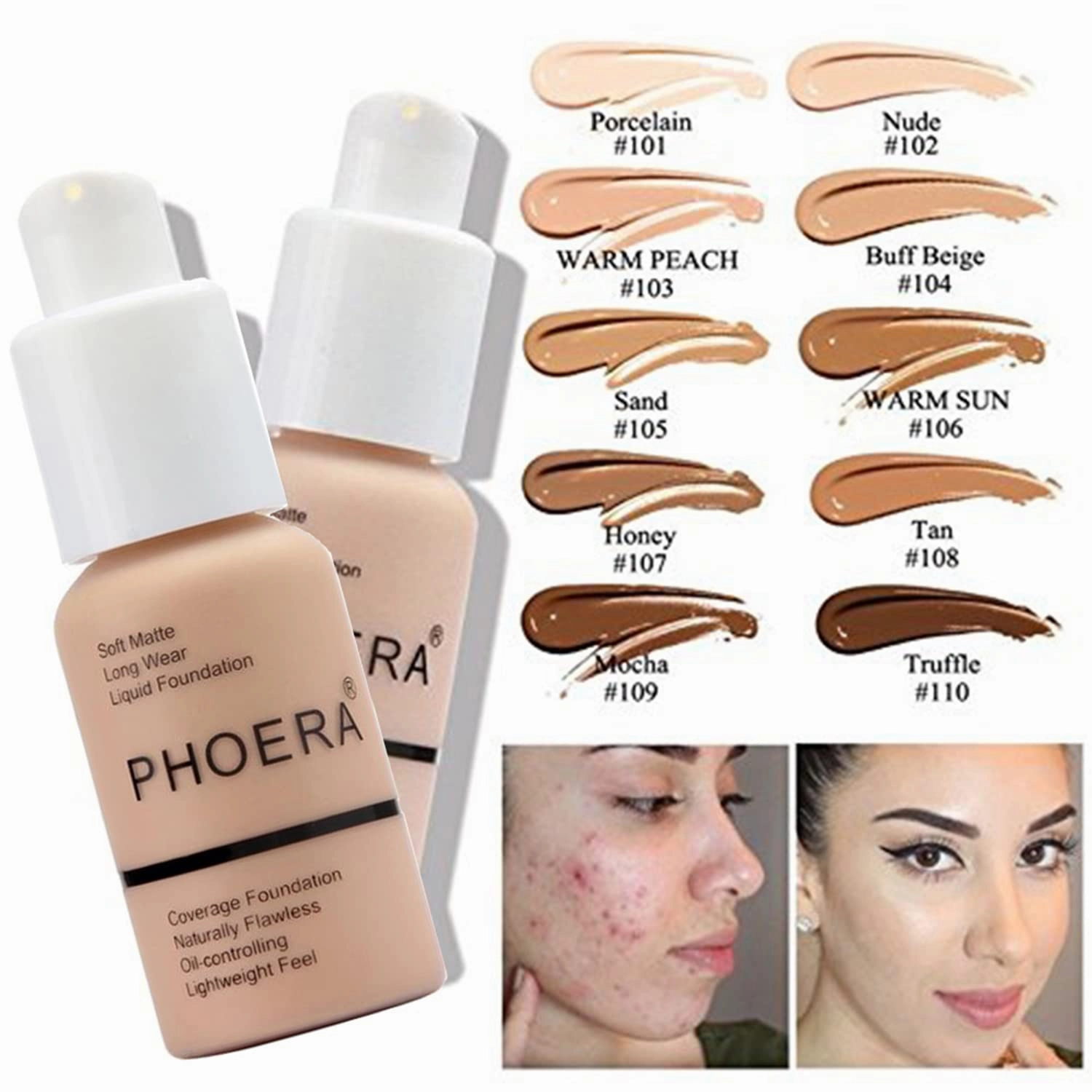 PHOERA Foundation Full Coverage,and 2024 New PHOERA Foundation Makeup for Mature Skin, Wrinkles Matte Natural Finish for a Flawless Complexion with Medium Coverage (102 N02/Nude Nude)