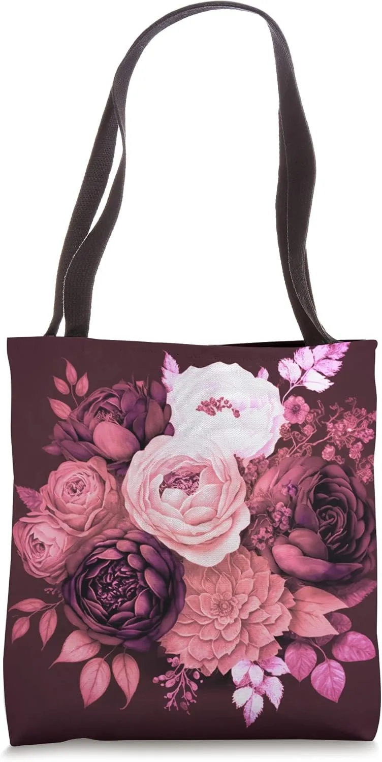 Pink and Magenta Peony Flowers Watercolor Floral on Burgundy Tote Bag