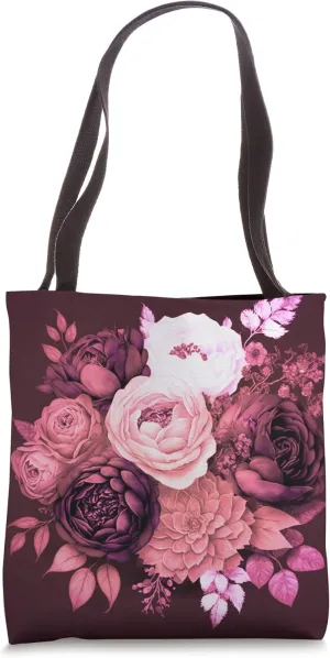 Pink and Magenta Peony Flowers Watercolor Floral on Burgundy Tote Bag
