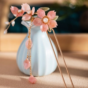 Pink Narcissus with Pearl Tassels Hairpin Chinese Hanfu Handmade Hair Clip Hair Accessories for Women Girls Long Hair (Pink Narcissus)