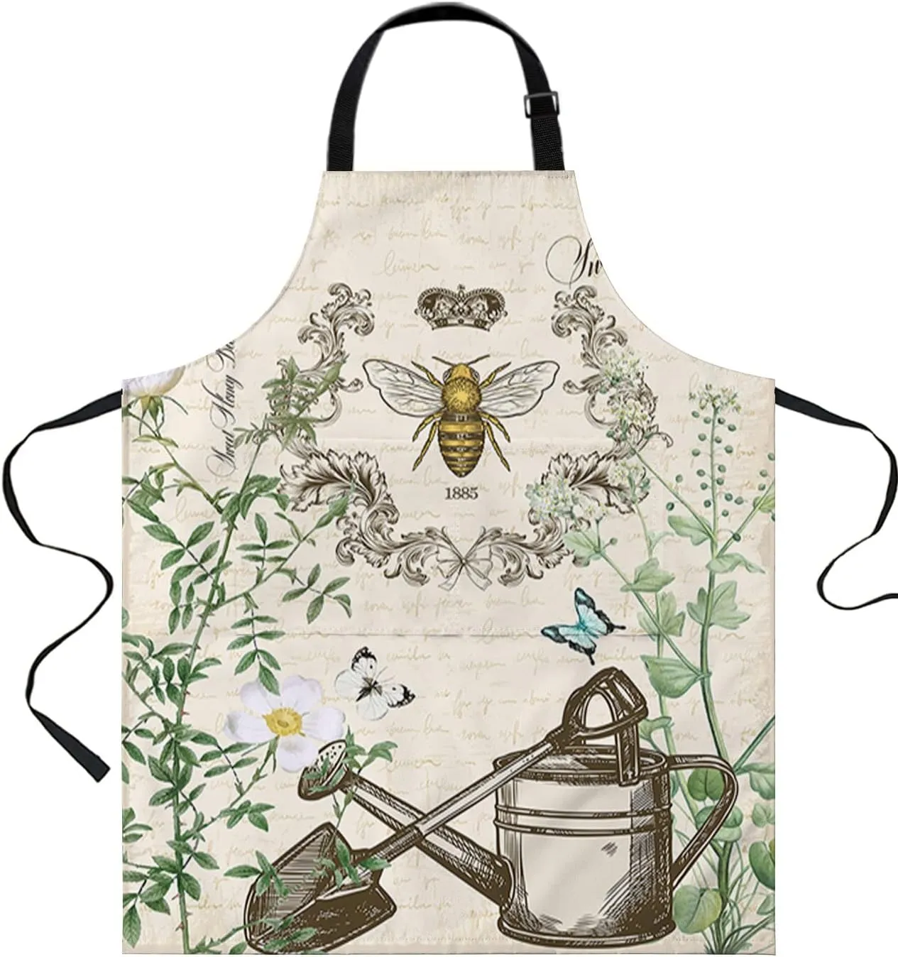 Plants Flower Waterproof Apron With Pockets,Retro Honey Butterflies Bees Dandelions Crowns Kitchen Chefs Bib Cooking BBQ Grill Bake Adjustable Aprons for Women/Kids Garden Grooming Painting Gardening