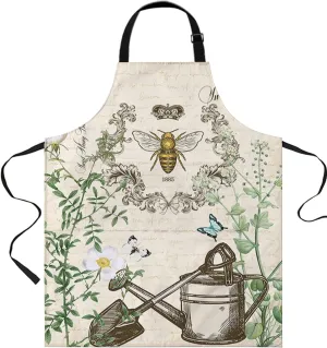Plants Flower Waterproof Apron With Pockets,Retro Honey Butterflies Bees Dandelions Crowns Kitchen Chefs Bib Cooking BBQ Grill Bake Adjustable Aprons for Women/Kids Garden Grooming Painting Gardening
