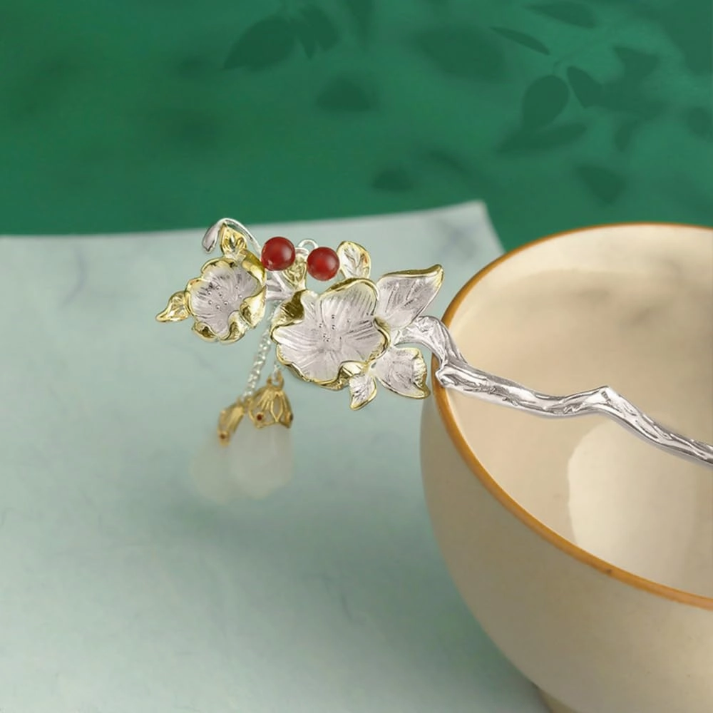 Plum Blossom with Jade S925 Silver Hanfu hairpin Chinese ancient hairpin headwear classical hair pin Han element (Plum blossom)