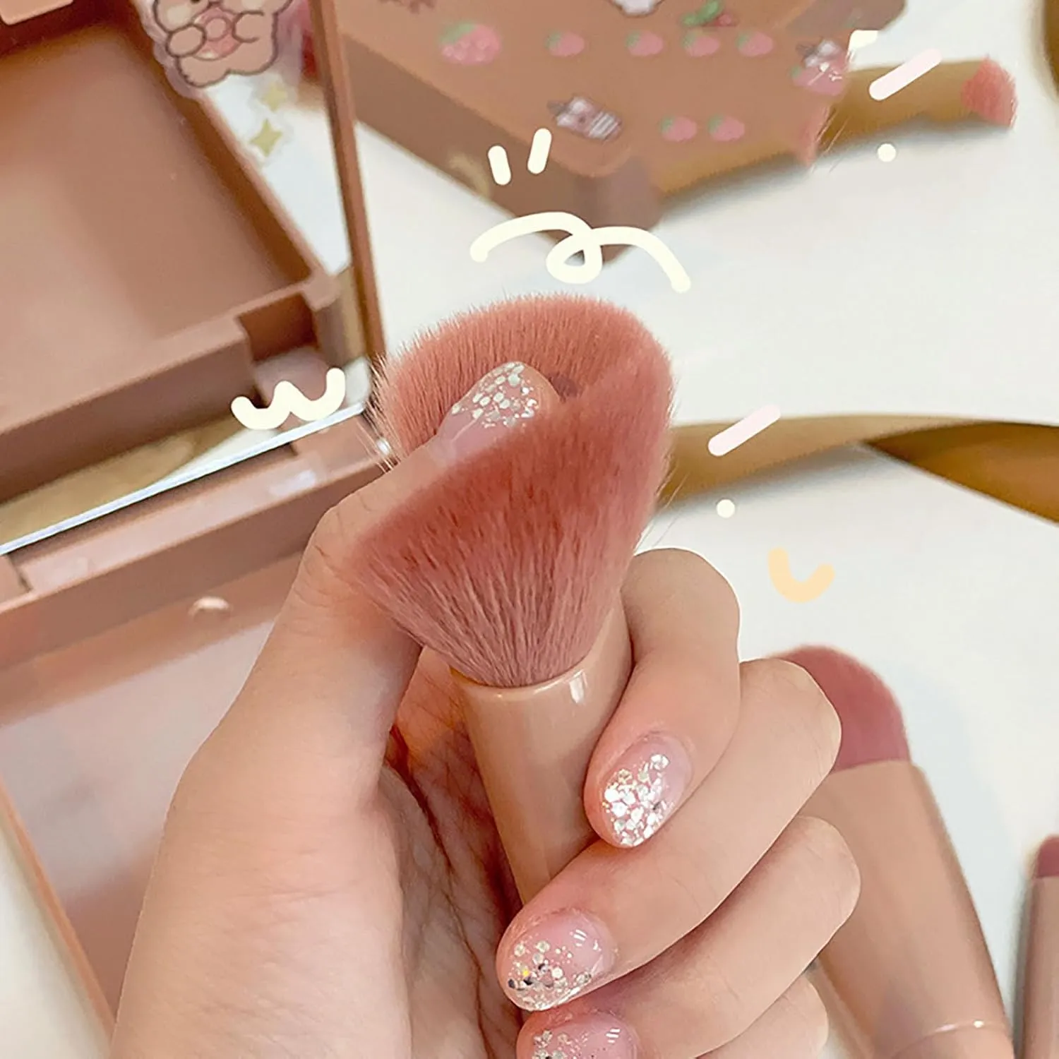 Portable 5-piece makeup brush set, travel makeup brush set, mini multi-functional makeup brush with mirror (rose red)