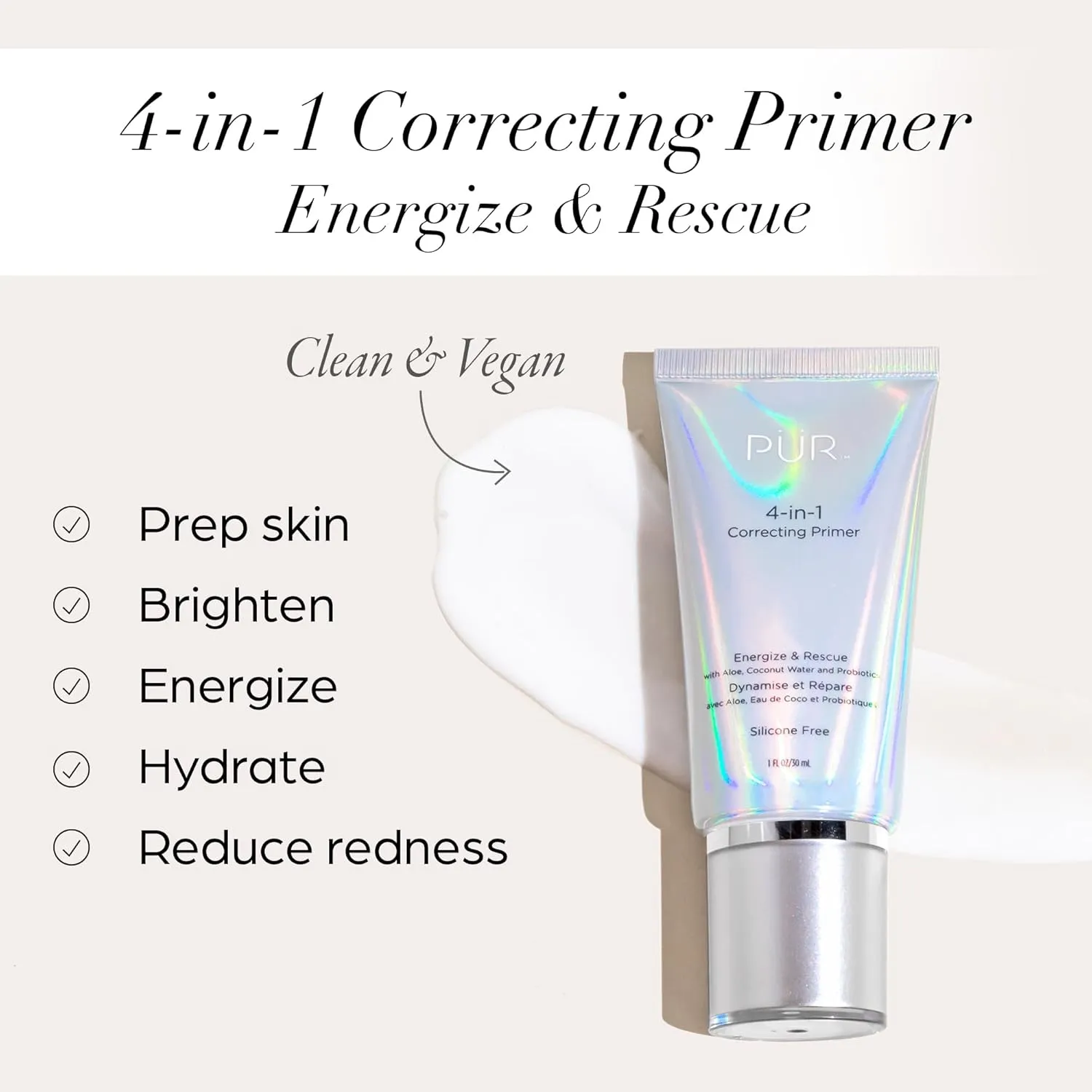 PÜR Beauty 4-in-1 Correcting Primer, Pore Reducer, Makeup Primer, Redness Reducer, Cruelty-Free, Lightweight Formula, Vegan Friendly