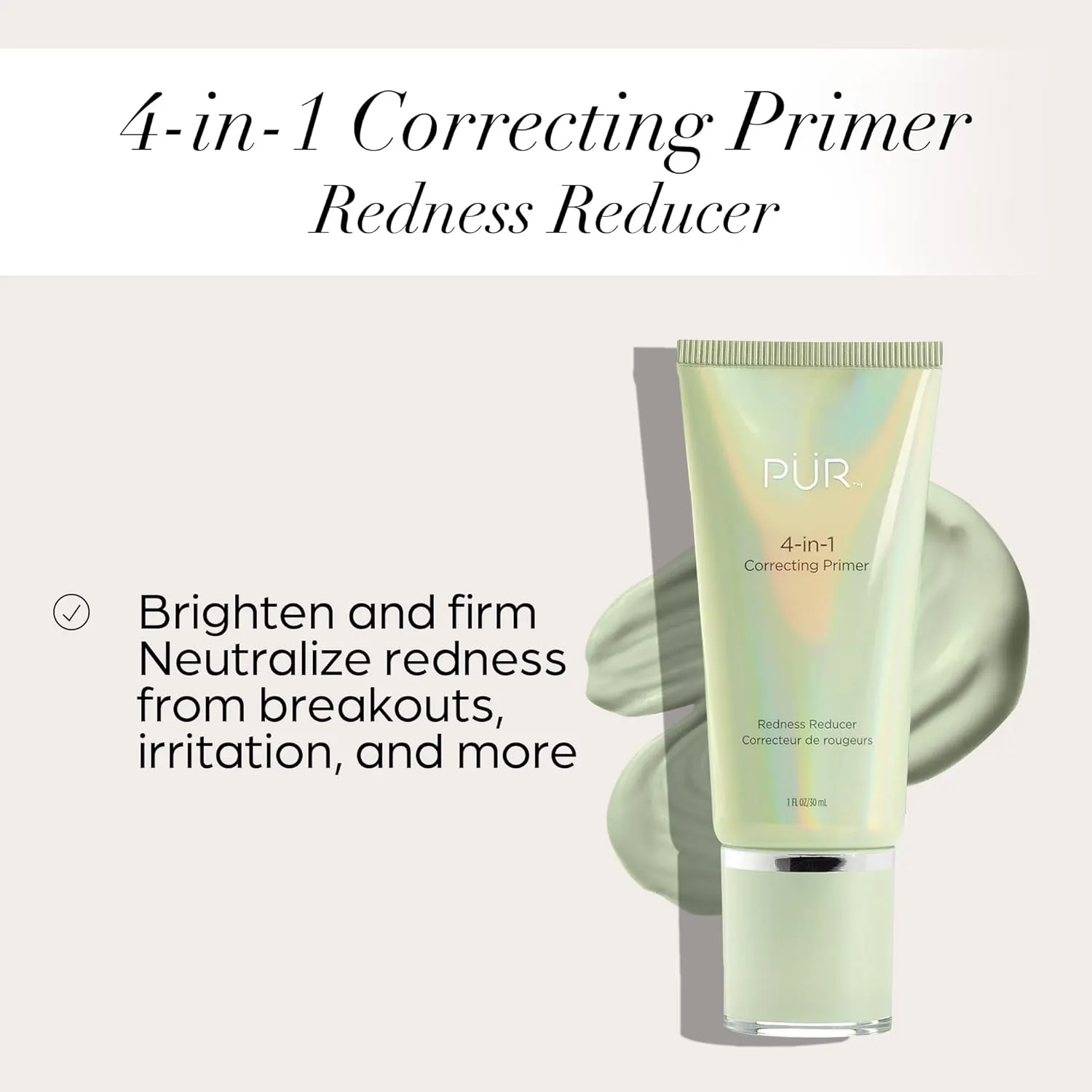 PÜR Beauty 4-in-1 Correcting Primer, Pore Reducer, Makeup Primer, Redness Reducer, Cruelty-Free, Lightweight Formula, Vegan Friendly